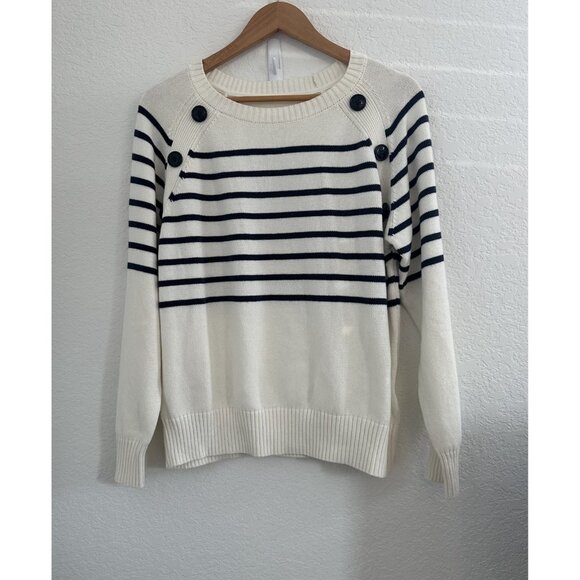 Vivance Sweater Womens Medium Striped Nautical Pullover Crewneck Buttons Coastal - Picture 3 of 13